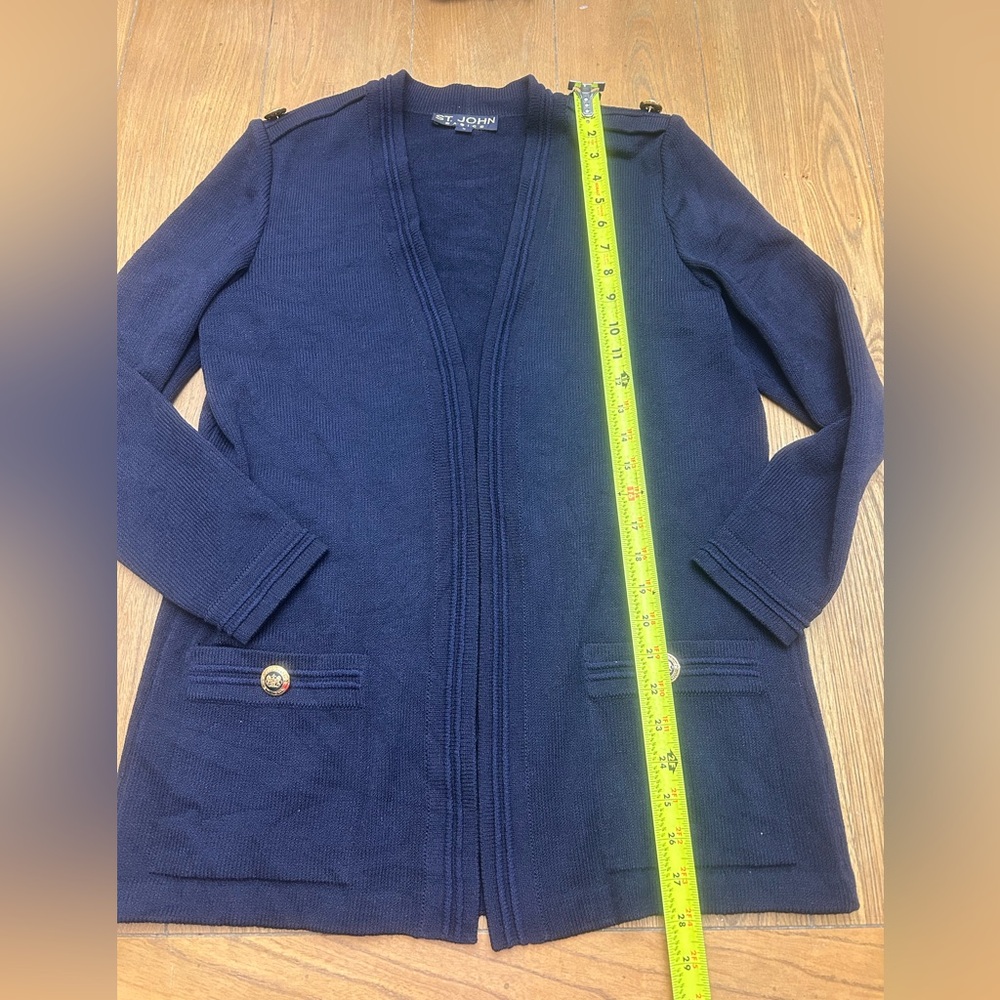 ST JOHN SANTANA KNIT OPEN FRONT BLUE CARDIGAN GOLD HARDWARE SIZE SMALL